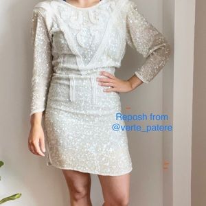 Vintage Beaded Silk Sequins Dress Size 6 Wedding Off White Pearls